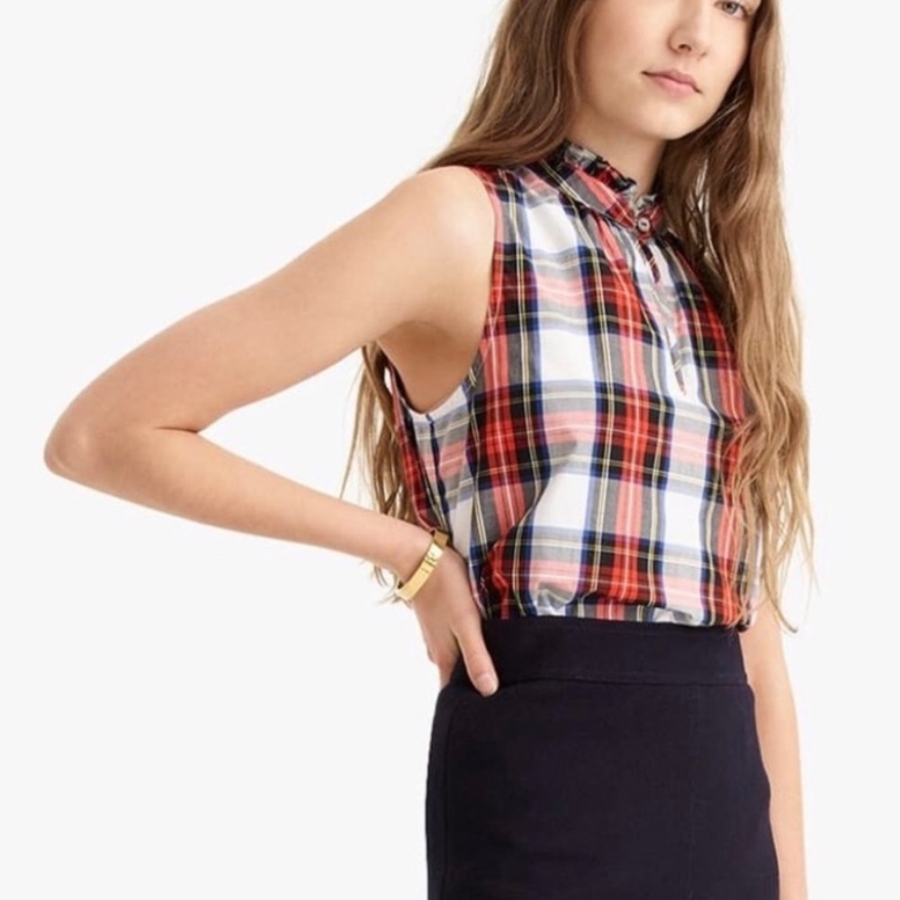 J. Crew Plaid Tartan Cotton Tank Ruffle Neck 00